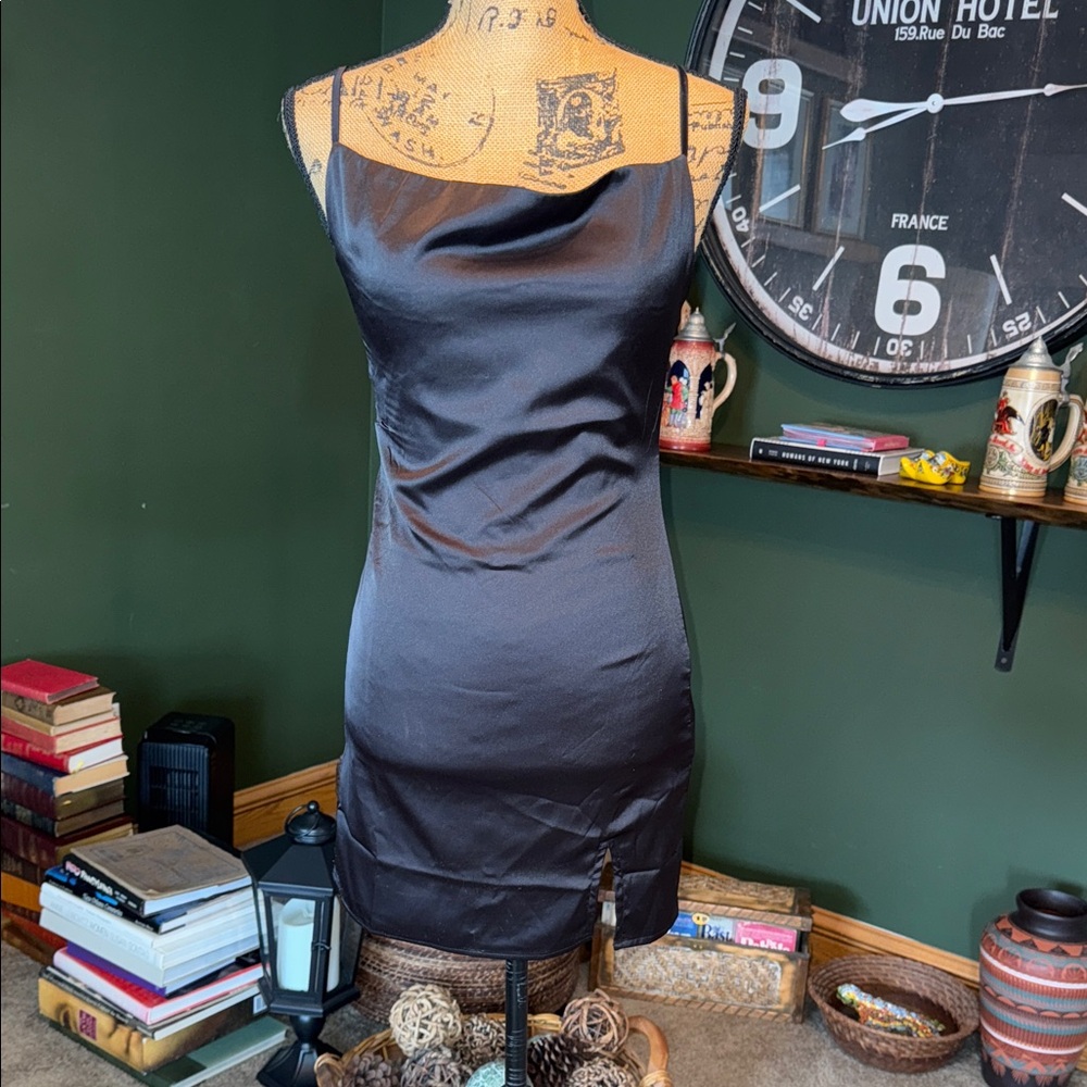 Chic Black Satin Mini Dress NWT